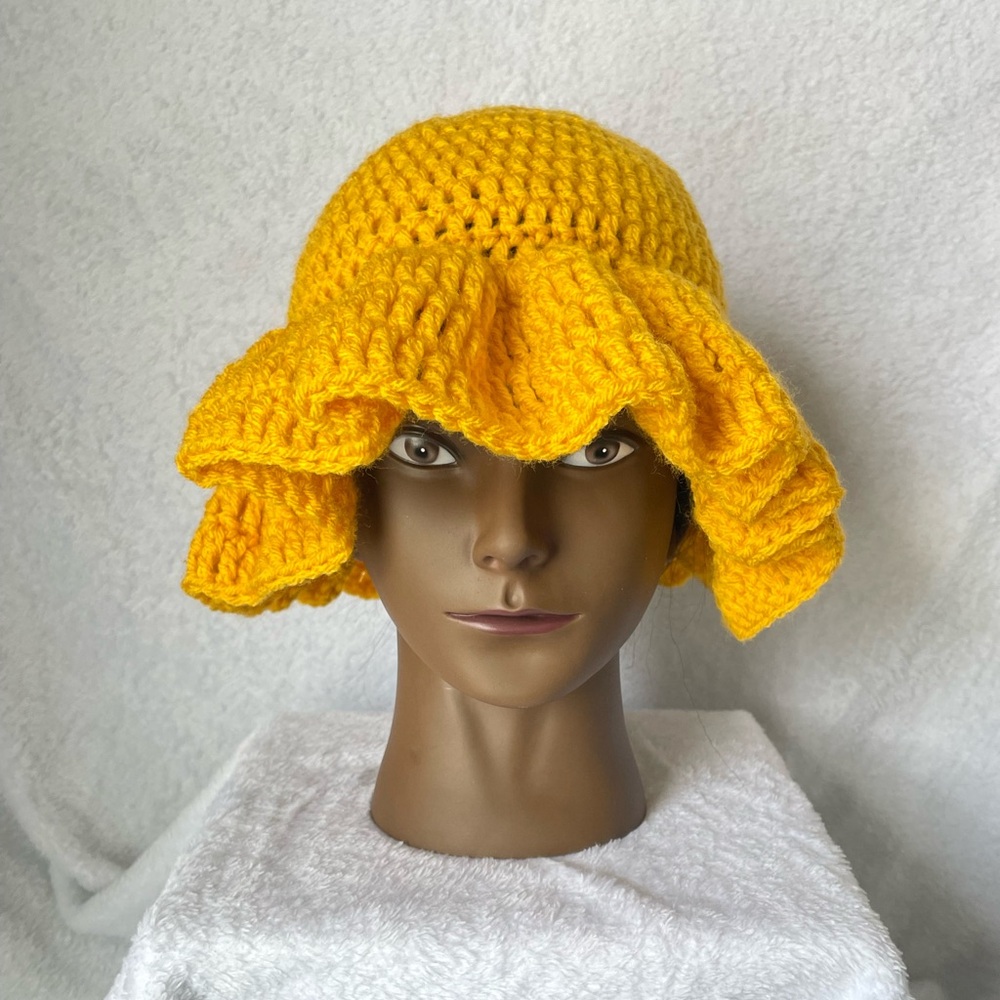 Handmade Yellow Crochet Bucket Hat with Ruffled Brim / Summer Festival Boho Hat